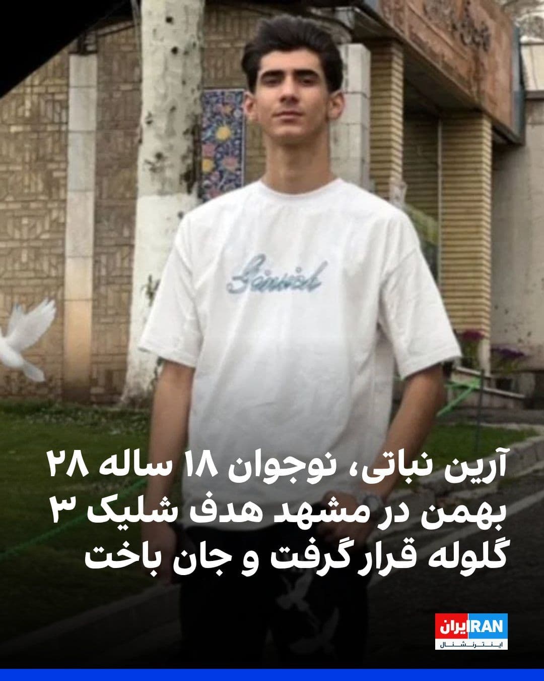 @ايران اينترنشنال: همزمان با برگزاری مراسم چهلم جانباختگان اعتراضات در ۲۸ بهمن در مشهد، آرین نباتی، نوجوان ۱۸ ساله، در بولوار پیروزی هدف شلیک گلوله قرار گرفت و جان باخت.
منابع نزدیک به خانواده گفتند او بر اثر اصابت سه