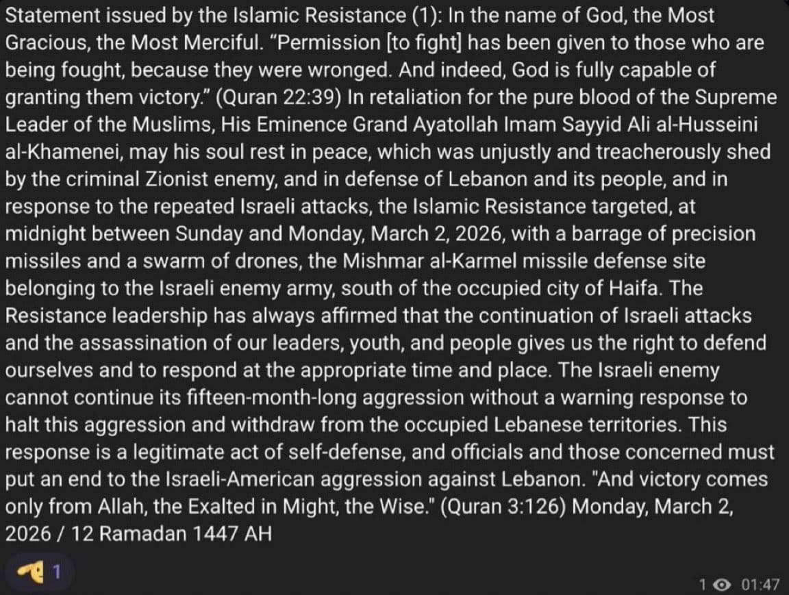 @Open Source Intel: Hezbollah says it carried out this evening’s missile and drone attacks on northern Israel, describing them as retaliation for the killing of Ali Khamenei.