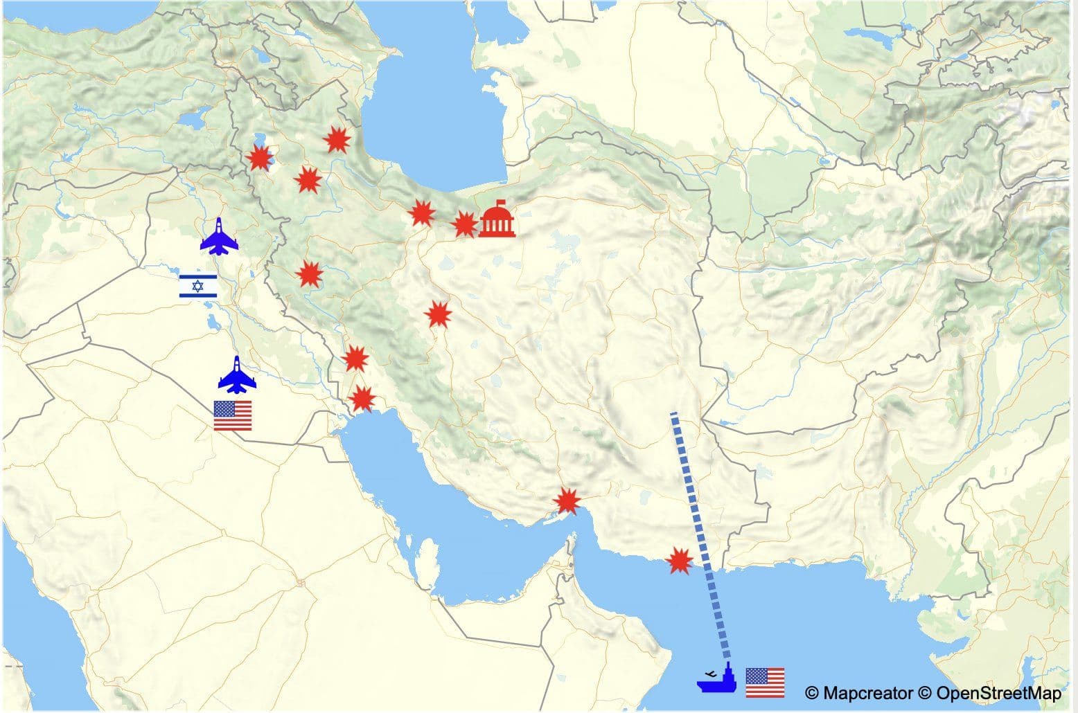 @WarMonitor🇺🇦🇬🇧: Main US-Israeli airforce strikes overnight on Iran:
Tehran
-National Security Council headquarters
-Police Station 104, 113 and Judiciary building
-Imam Ali Officer Training University
-IRGC headqua