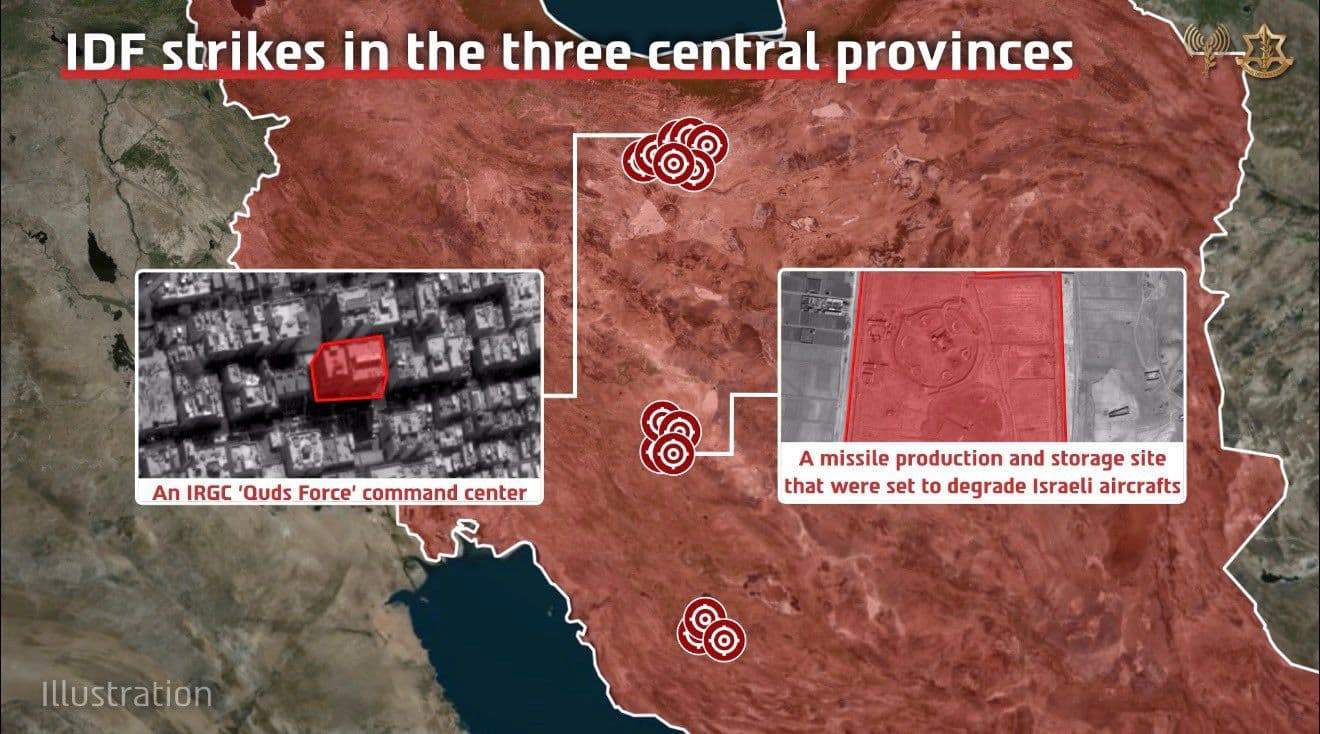 @Open Source Intel: IDF: The Israeli Air Force struck Iranian command centers and weapons manufacturing sites across Tehran, Isfahan, and Shiraz, using dozens of fighter jets and more than 170 munitions.
Targets include
