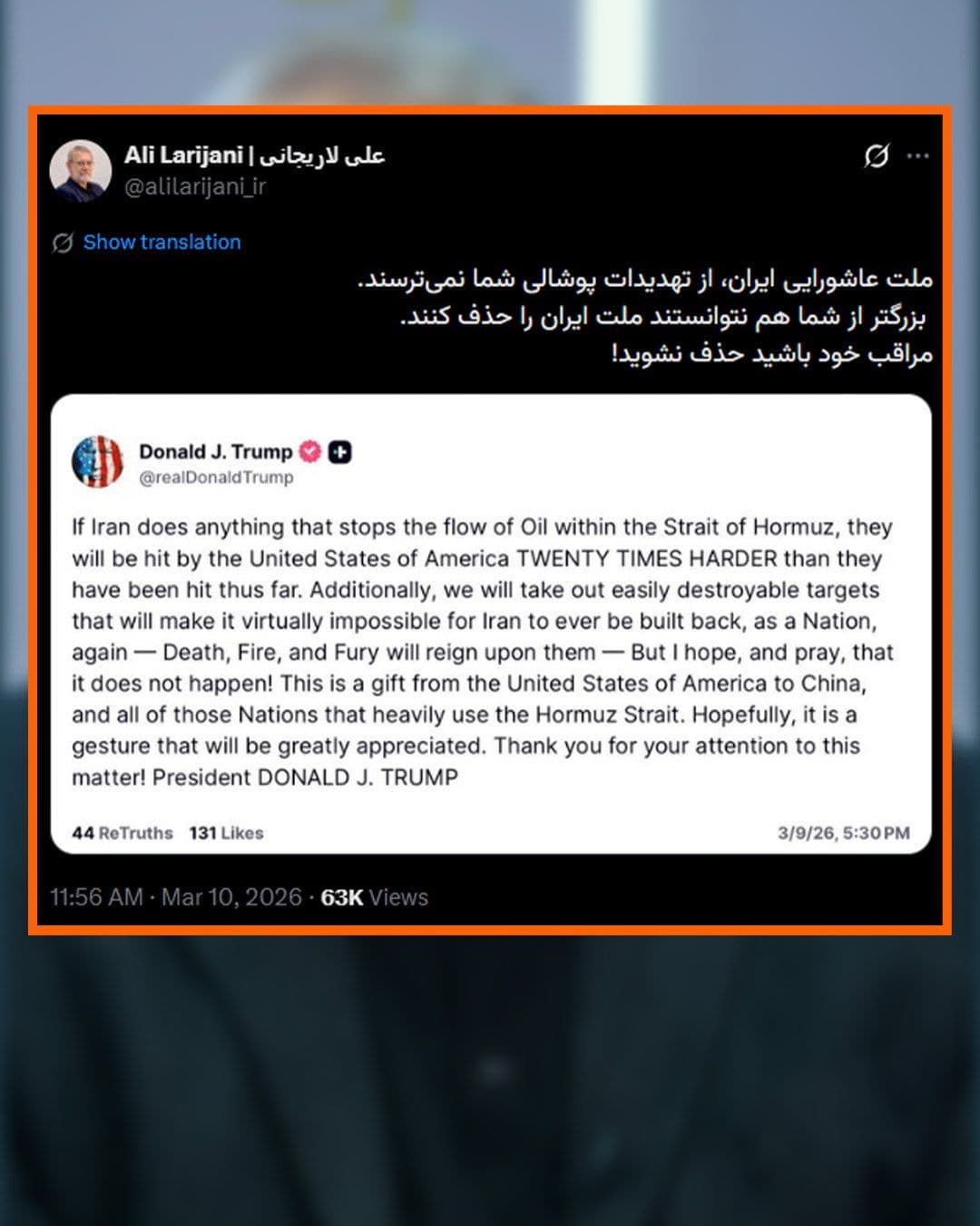 @RadioFarda|راديو فردا: علی لاریجانی، دبیر شورای عالی امنیت ملی جمهوری اسلامی، در شبکه اجتماعی ایکس با انتشار پستی خطاب به دونالد ترامپ او را تهدید کرد. لاریجانی در این پست نوشت: «ملت عاشورایی ایران از تهدیدات پوشالی شما نمی