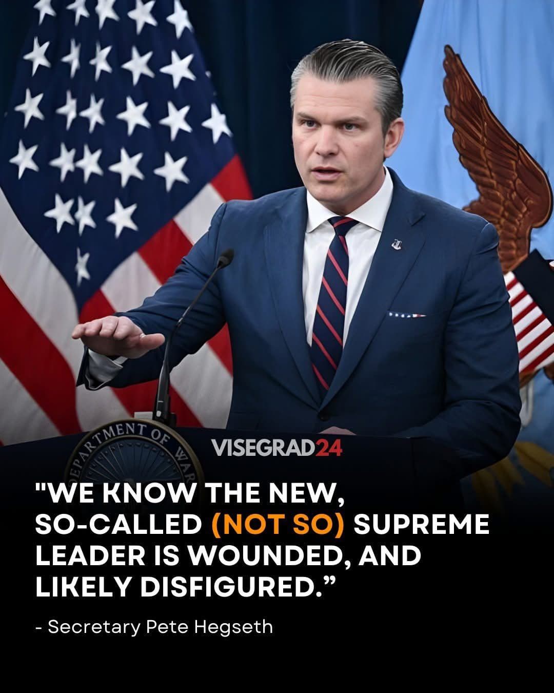 @Visegrád 24: 🇺🇸 U.S. SecWar Pete Hegseth:
"We know the new, so-called (not so) Supreme Leader is wounded, and likely disfigured.”
There have previously been unconfirmed speculations that Mojtaba Khamenei was w