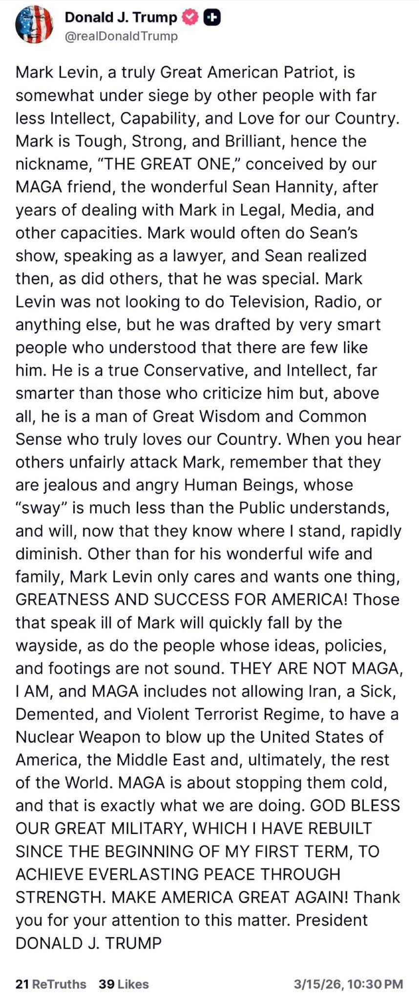 @Visegrád 24: Trump posts a long message praising Mark Levin and saying that being MAGA means that the Islamic regime in Iran will never be allowed to acquire nuclear weapons