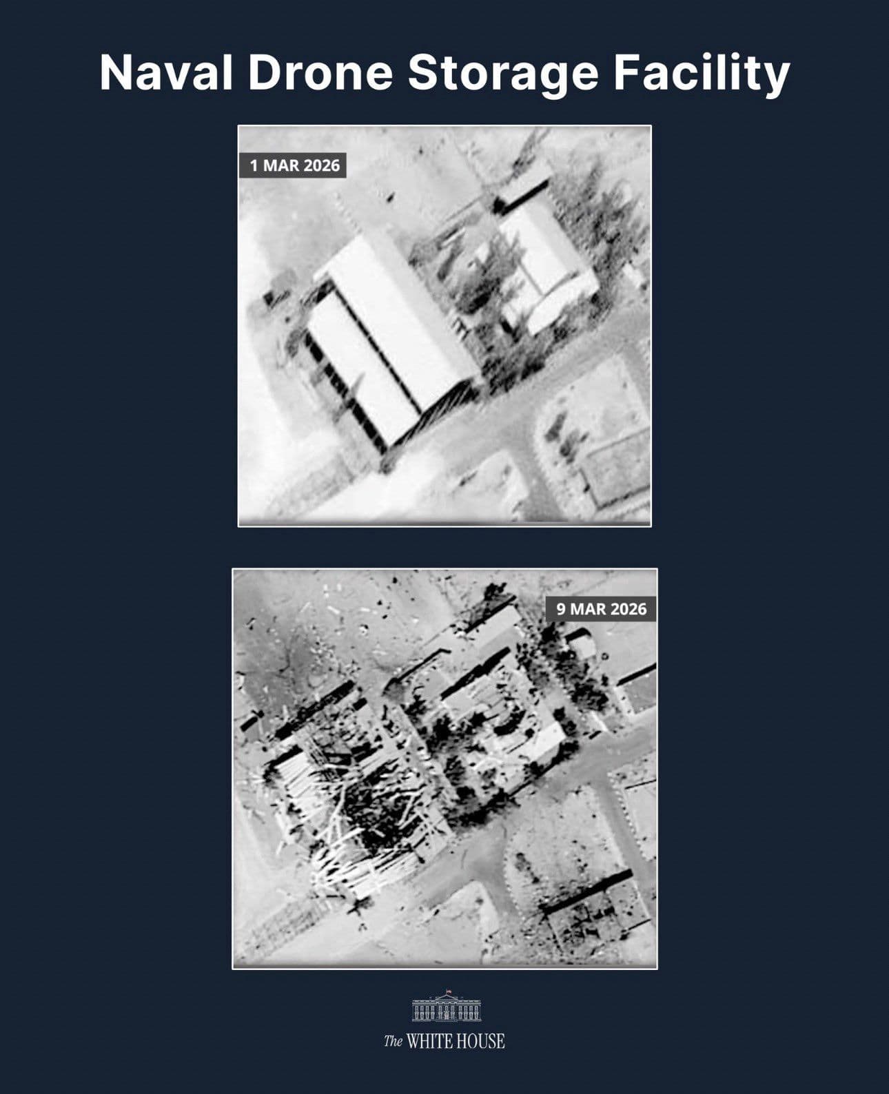 @🇮🇷LiveIranNews🇮🇱: 🚨🇺🇸🦀The White House has released images of the destruction of the military infrastructure of the Islamic terrorist regime:
1- Drone warehouse of the Navy near the Strait of Hormuz.
2- Drone pro