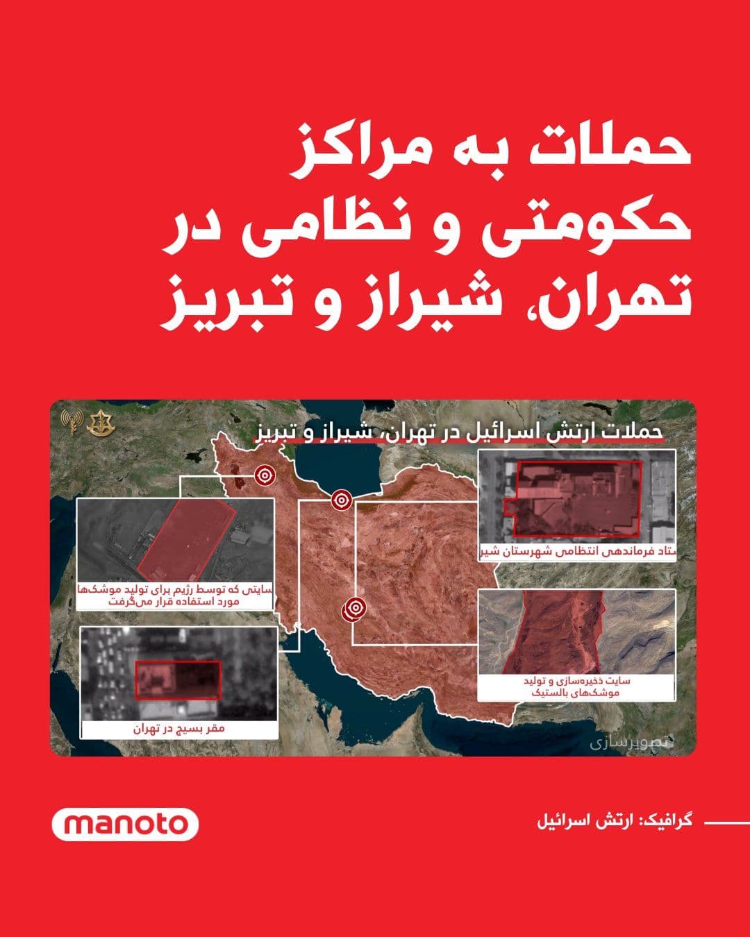 @اتاق خبر منوتو: The Israeli army stated in an announcement that, as part of waves of attacks in Tehran, dozens of munitions were fired at the command centers of Islamic Republic security institutions, including the M