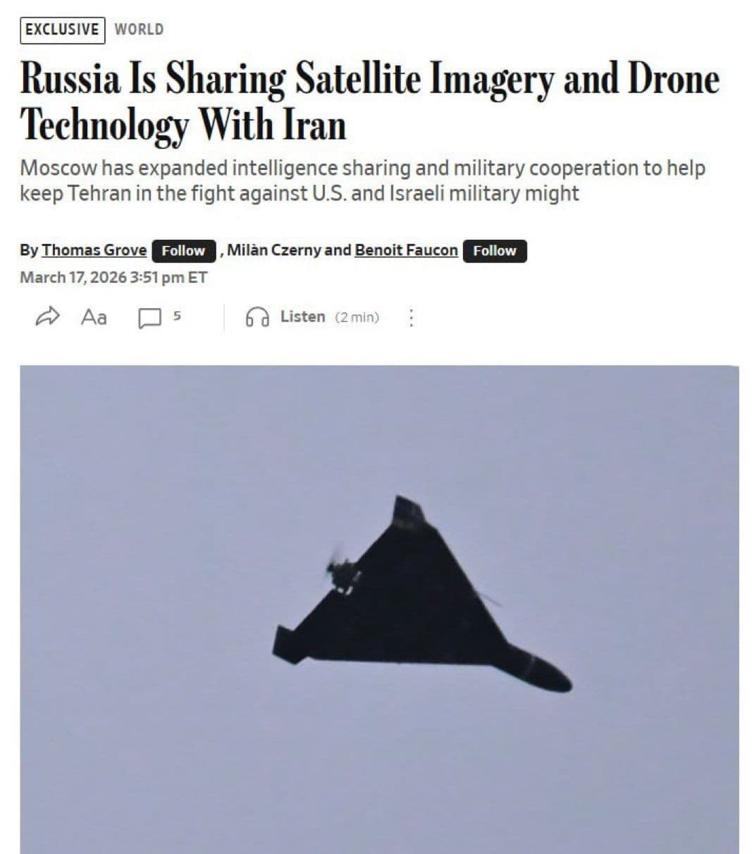 @Visegrád 24: Wall Street Journal reports that Russia is providing Iran with satellite imagery & advanced drone technology & drone know-how from the frontlines in Ukraine to help Tehran target US forces in the Midd