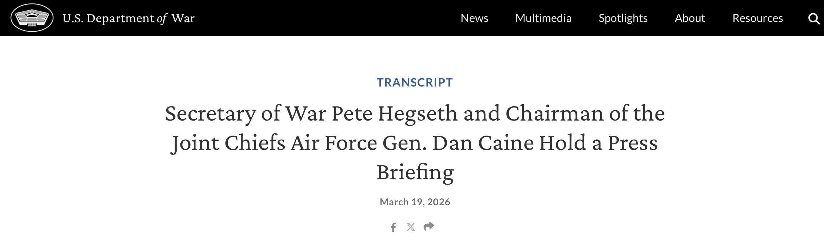 @Shin: Secretary of War Pete Hegseth and Chairman of the Joint Chiefs Gen. Dan Caine provided an update on Operation Epic Fury, 19 days into the conflict with Iran. The briefing followed the return of six fa
