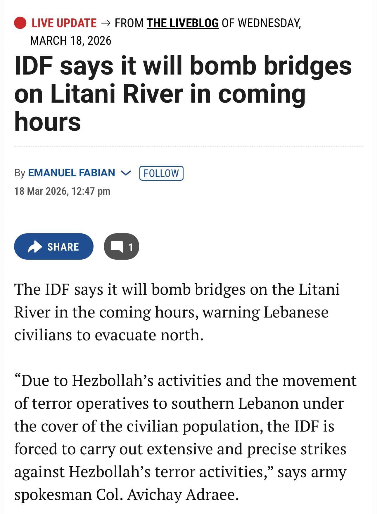 @Visegrád 24: 1. Israel announces it will bomb the bridges on the Litani river.
2. A Russia Today “journalist” decides to stand on a Litani river bridge.
3. Nearly gets bombed to pieces.
4. Cries foul and war cr