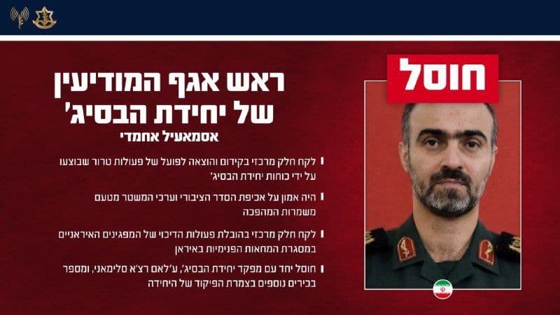 @Shin: #IDF 🇮🇱:
“Together with the commander of the Basij unit: the IDF eliminated the head of the intelligence department of the Basij unit in Tehran
The Air Force, with precise guidance from Military I
