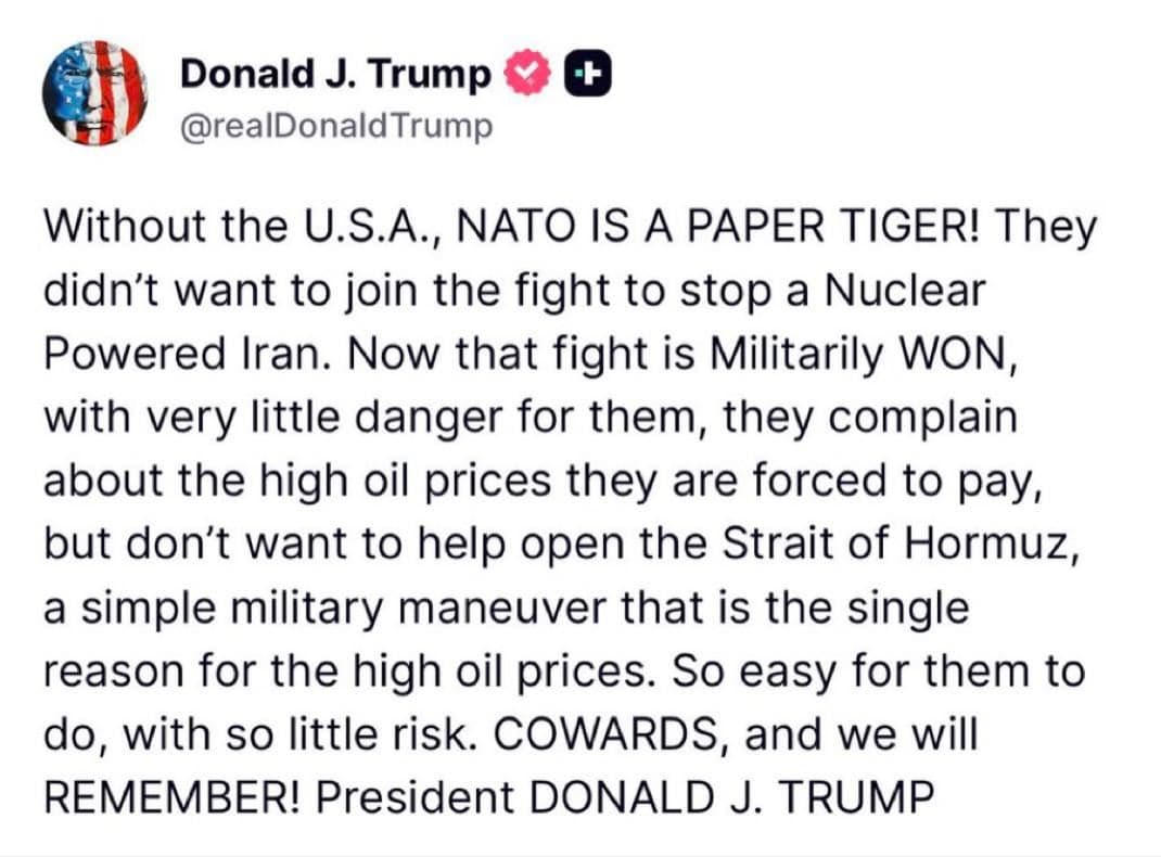 @Visegrád 24: BREAKING:
Donald Trump lashed out at NATO countries, calling them “cowards” for refusing to help open the Strait of Hormuz.