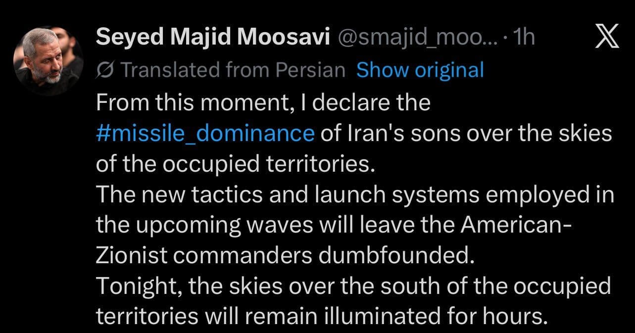 @Open Source Intel: IRGC General Seyed Majid Moosavi declares "missile dominance" over Israeli skies.
One missile hits an apartment building and they start getting cocky.
Lets see how that goes for them