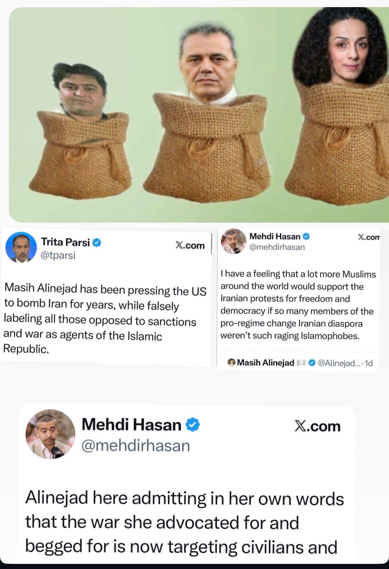 @Masih Alinejad 🏳️: This is the Islamic Republic’s threat: They say we put the last two in a sack, kidnapped them brought them back to Iran and killed them. You’re next. We’ll put you in a sack too.
This is what I’m fac