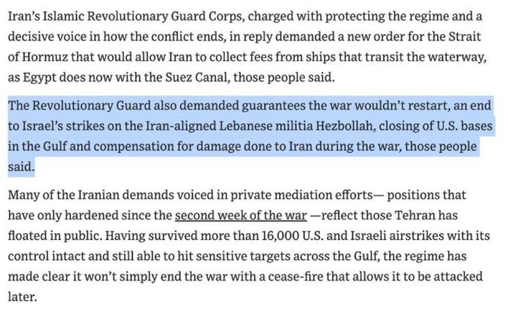@𝐍𝐢𝐨𝐡 𝐁𝐞𝐫𝐠 🇮🇷 ✡︎: 🔴 NOW:
The IRGC, which is probably not the faction Trump is talking to, are demanding:
• No restart of war
• No more Israeli strikes on Hezbollah
• Closure of all US bases in the Persian Gulf
• Com