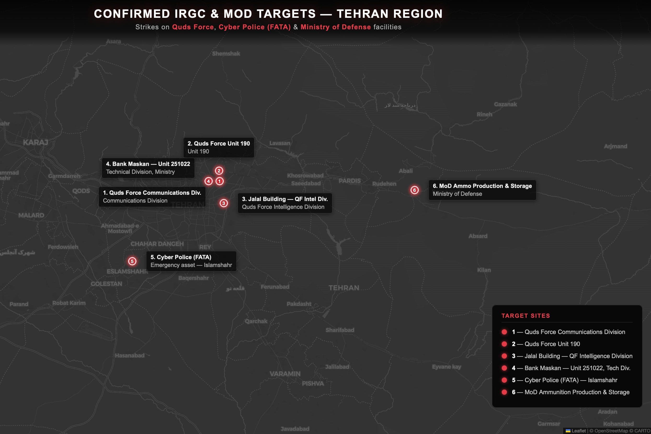 @Shin: Confirmed Targets of the IRGC, Cyber Police and MoD of the Islamic Regime in the past couple of days in the Tehran province (Targeted assassinations and checkpoints excluded)
1. Quds Force Communica