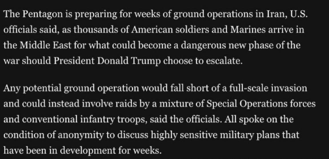 @𝐍𝐢𝐨𝐡 𝐁𝐞𝐫𝐠 🇮🇷 ✡︎: "The Pentagon is preparing for weeks of ground operations in Iran", per WP.
It really did feel like the reports of negotiations and a ceasefire weren't genuine. Probably a way to manage the oil price