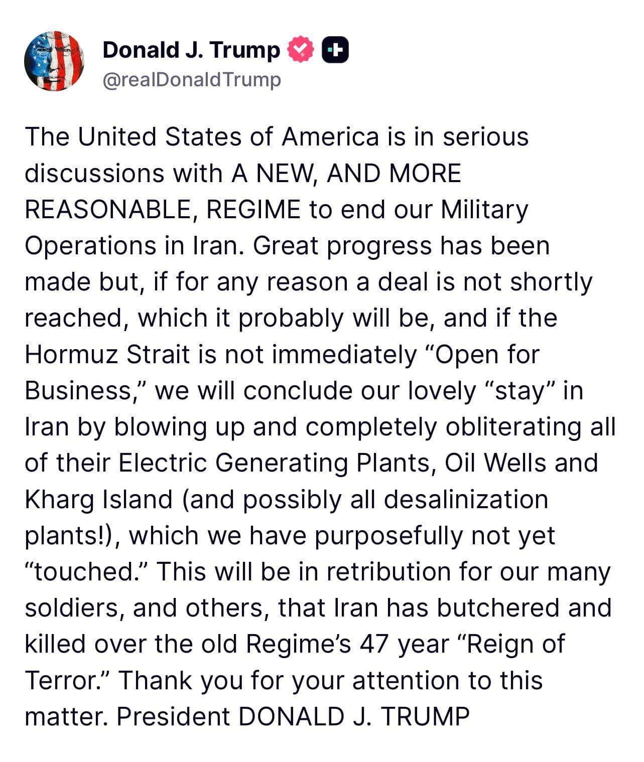 @🇮🇷LiveIranNews🇮🇱: 🚨🇺🇸🦀An hour ago, President Trump posted:
The United States of America is engaged in serious negotiations with a new and more rational regime to end our military operations in Iran. Great progress