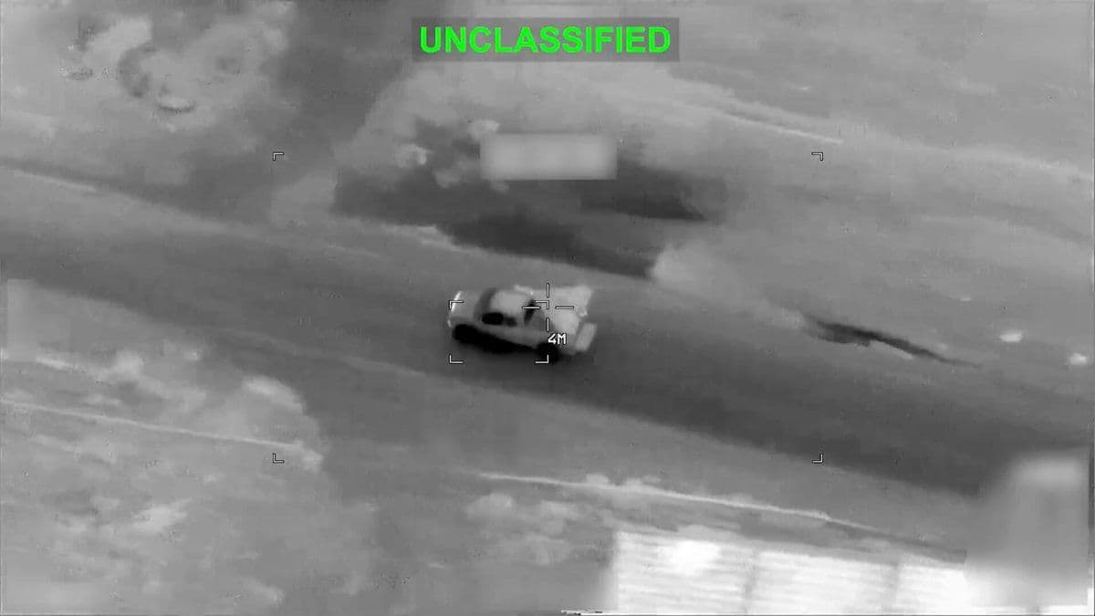 @Babak Taghvaee - The Crisis Watch: BREAKING: This video released by CENTCOM shows the moment a U.S. Air Force MQ-9A Reaper armed drone used an AGM-114R2 Hellfire missile to strike a Toyota Tundra pickup truck carrying a Shahed-136 one-