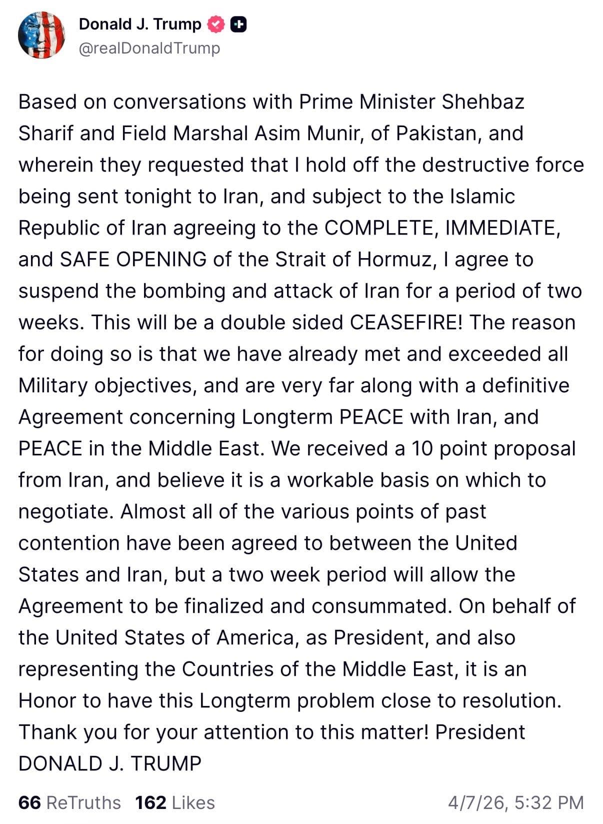 @Open Source Intel: BREAKING: 🔴🔴
U.S. President Donald Trump: "Based on conversations with Prime Minister Shehbaz Sharif and Field Marshal Asim Munir, of Pakistan, and wherein they requested that I hold off the destru