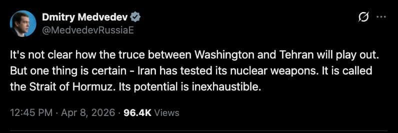 @Visegrád 24: "Iran has tested its nuclear weapons. It is called the Strait of Hormuz."
Former Russian President Dmitry Medvedev commented on the temporary ceasefire between Iran and the United States.