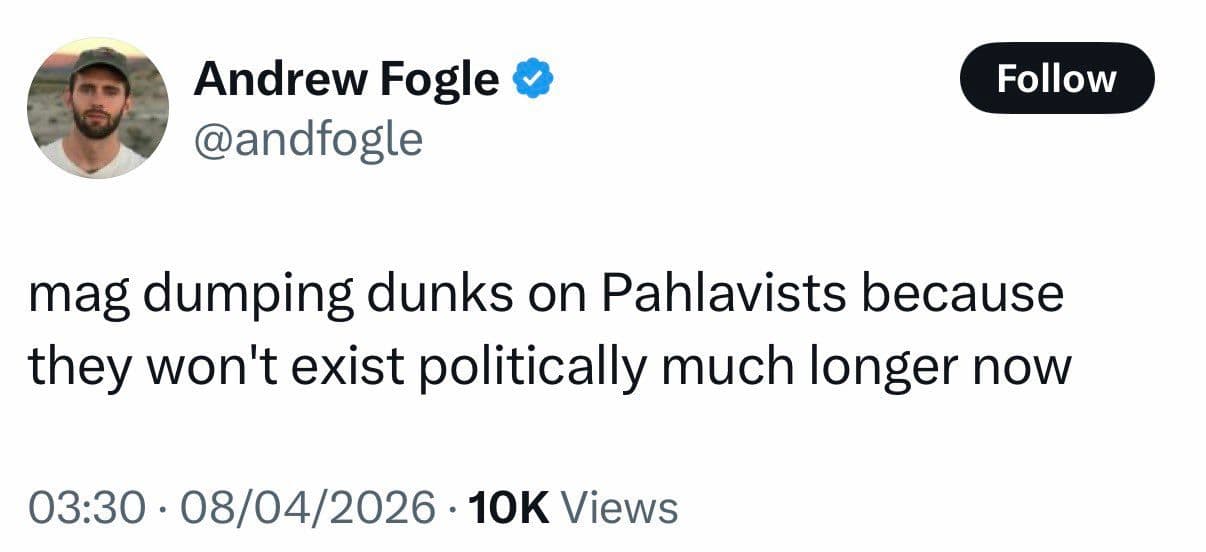@𝐍𝐢𝐨𝐡 𝐁𝐞𝐫𝐠 🇮🇷 ✡︎: At a time when many Iranian monarchists inside Iran contemplate suicide due to sheer hopelessness at the news of a ceasefire, white American @andfogle makes sure to shittalk them.
What a morally upst