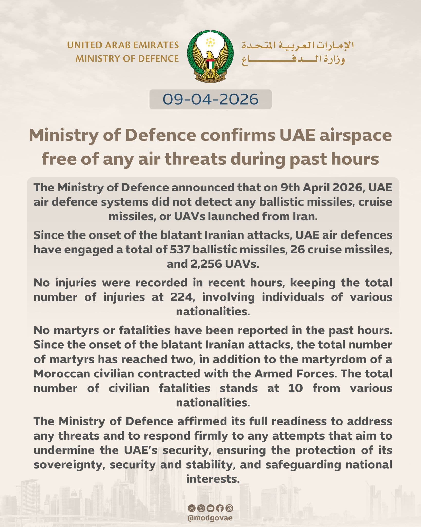 @Open Source Intel: The UAE Ministry of Defence confirms airspace remains clear of threats in recent hours.
No ballistic missiles, cruise missiles, or UAVs detected on 9 April 2026.
Since Iranian attacks began, air def