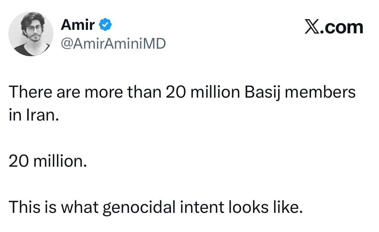 @𝐍𝐢𝐨𝐡 𝐁𝐞𝐫𝐠 🇮🇷 ✡︎: This is a lie. Over 1/4 of Iran is not an active member of the Basij. Absolutely patently false.
At most this number stands at 1 million.