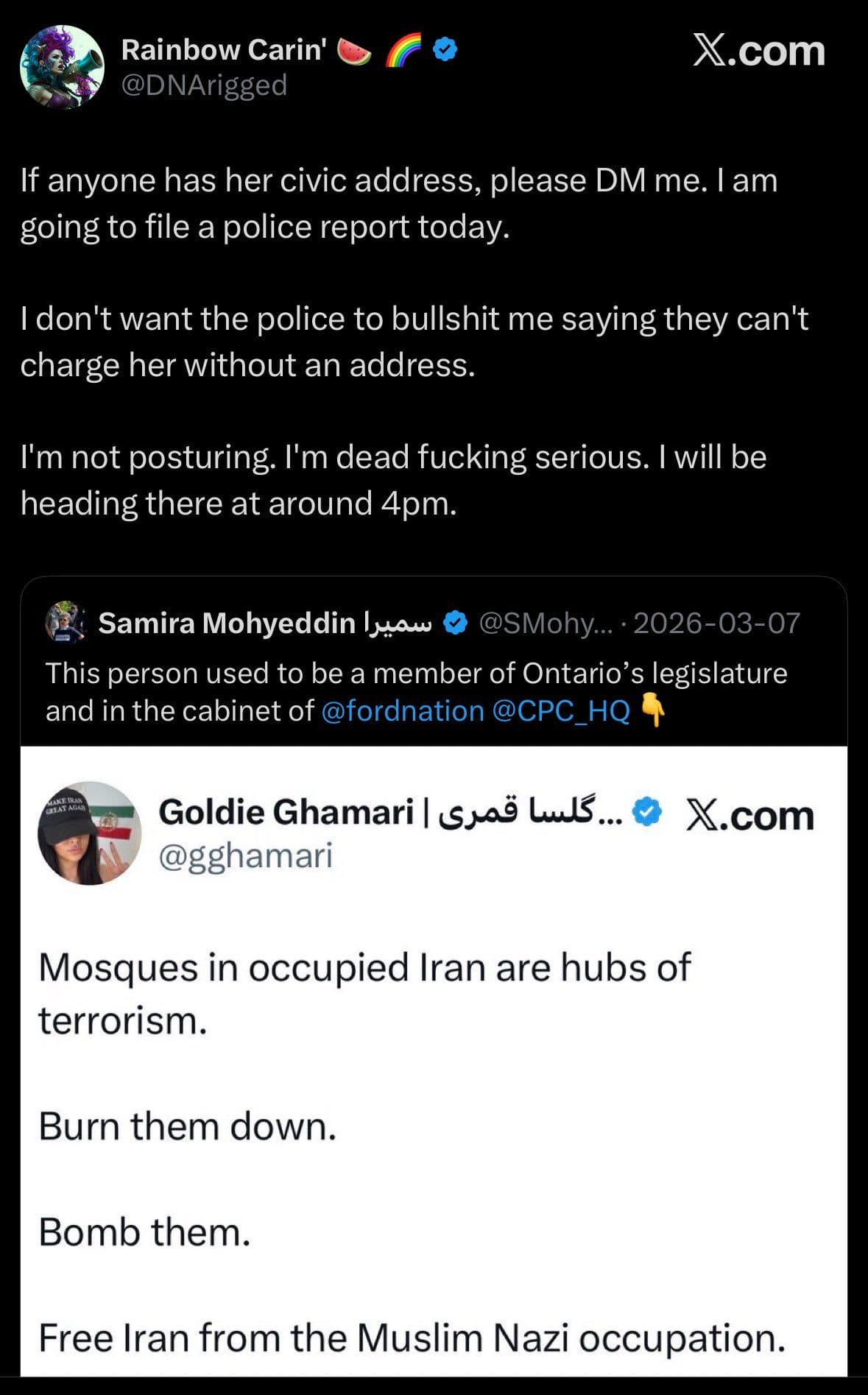 @Goldie Ghamari | گلسا قمری 🇮🇷: This mentally unhinged individual, @DNArigged, is openly trying to dox me and is searching for my home address.
Meanwhile, I have a $250,000 thousand dollar bounty on my head from the terrorist Islam