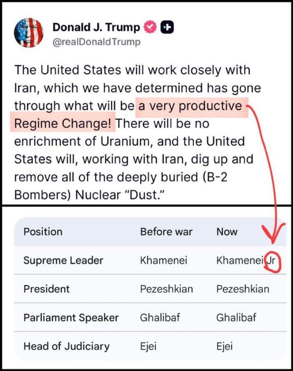 @𝐍𝐢𝐨𝐡 𝐁𝐞𝐫𝐠 🇮🇷 ✡︎: There has been no regime change.
I will not stop repeating this fact until the Trump admin either stops lying, or prove they are bluffing because they have bigger plans.