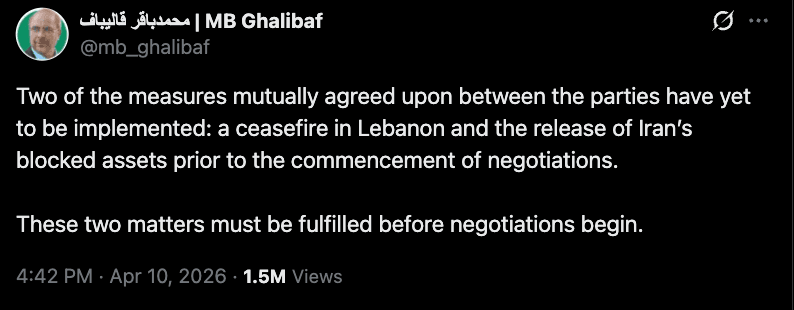 @Visegrád 24: Negotiations will not begin until two conditions are met: a ceasefire in Lebanon and the release of Iran’s blocked assets, said the Speaker of the Islamic parliament in Iran, Mohammad Bagher Ghalibaf.