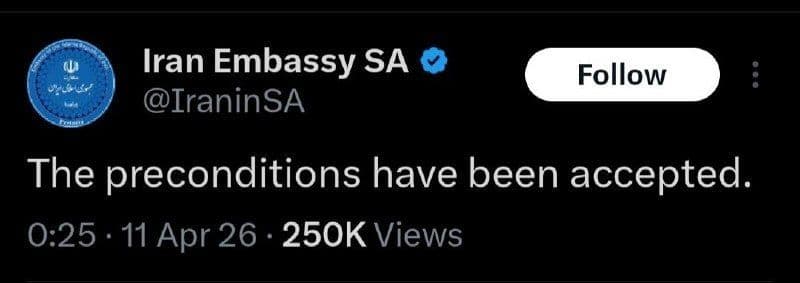 @Eli Afriat 🇮🇱: 🚨🇮🇷BREAKING: Iran claims: The preconditions we set for negotiations have been accepted.
Earlier, Iranian Parliament Speaker Qalibaf listed two preconditions: a ceasefire in Lebanon and the unfree