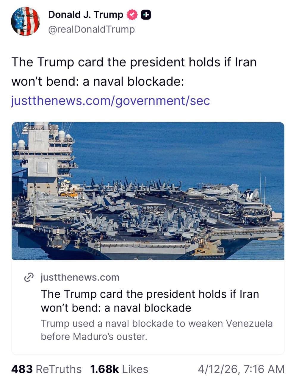 @Eli Afriat 🇮🇱: 🚨🇺🇸🇮🇷JUST IN: Trump recently shared an article claiming that he could impose a naval blockade on Iran to hurt the already very weak Iranian economy.
Such a move would also affect China and Indi