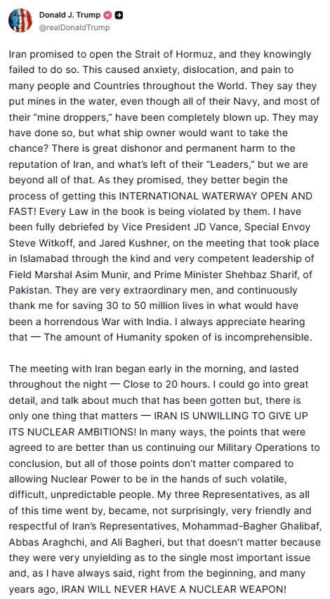 @Open Source Intel: Trump:
Iran promised to open the Strait of Hormuz, and they knowingly failed to do so. This caused anxiety, dislocation, and pain to many people and Countries throughout the World.
They say they pu