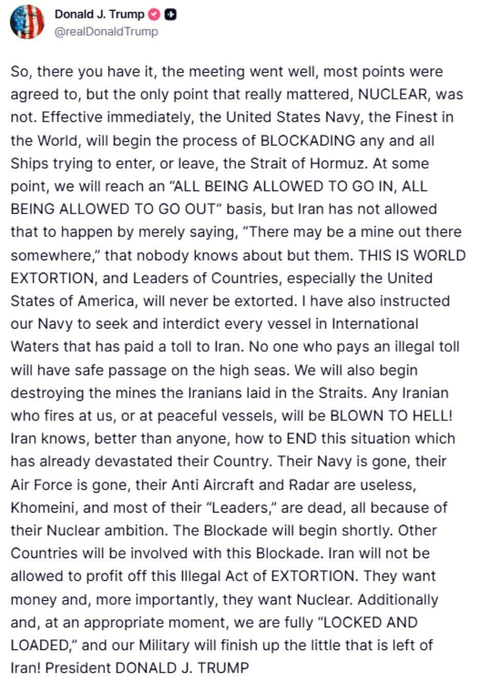 @Visegrád 24: Trump announces full naval blockade of Hormuz
All Iranian oil sold to world markets will be stopped:
“The U.S. Navy (…) will begin the process of BLOCKADING all Ships trying to enter or leave (…) we