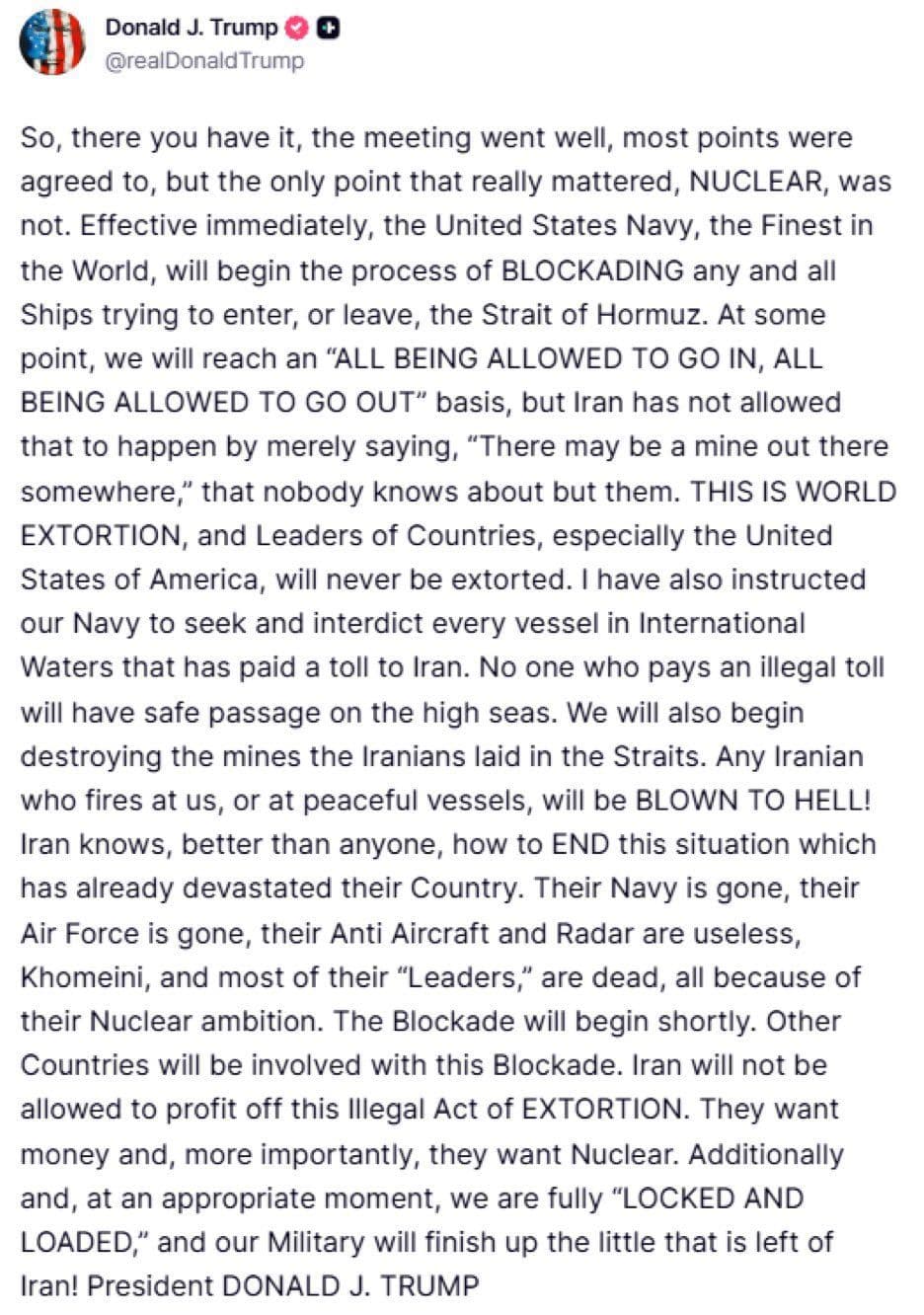 @Eli Afriat 🇮🇱: 🚨🇺🇸🇮🇷Trump:
• Iran did not agree to any compromise on the nuclear issue, everything that was agreed upon does not matter if more people like this have nuclear power.
- Additional countries wil