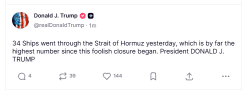 @Open Source Intel: U.S. President Donald Trump:
"34 Ships went through the Strait of Hormuz yesterday, which is by far the highest number since this foolish closure began."