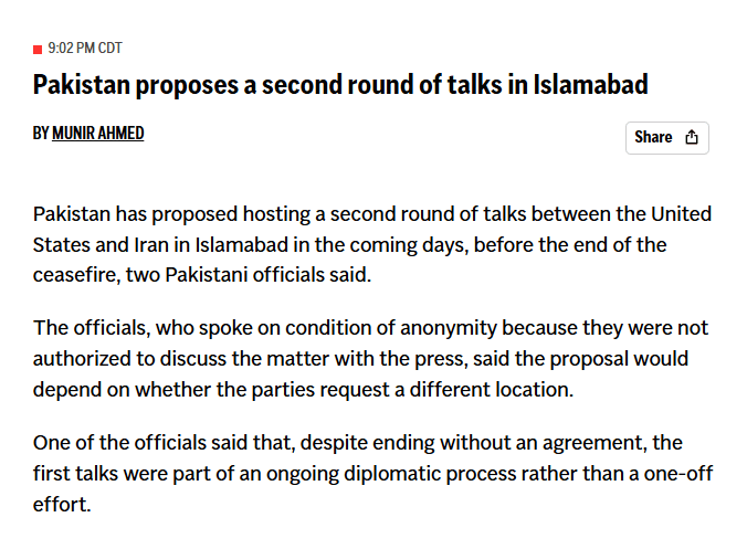 @Open Source Intel: AP: Pakistan has proposed hosting a second round of talks between the United States and Iran in Islamabad in the coming days before the ceasefire ends, two Pakistani officials say.