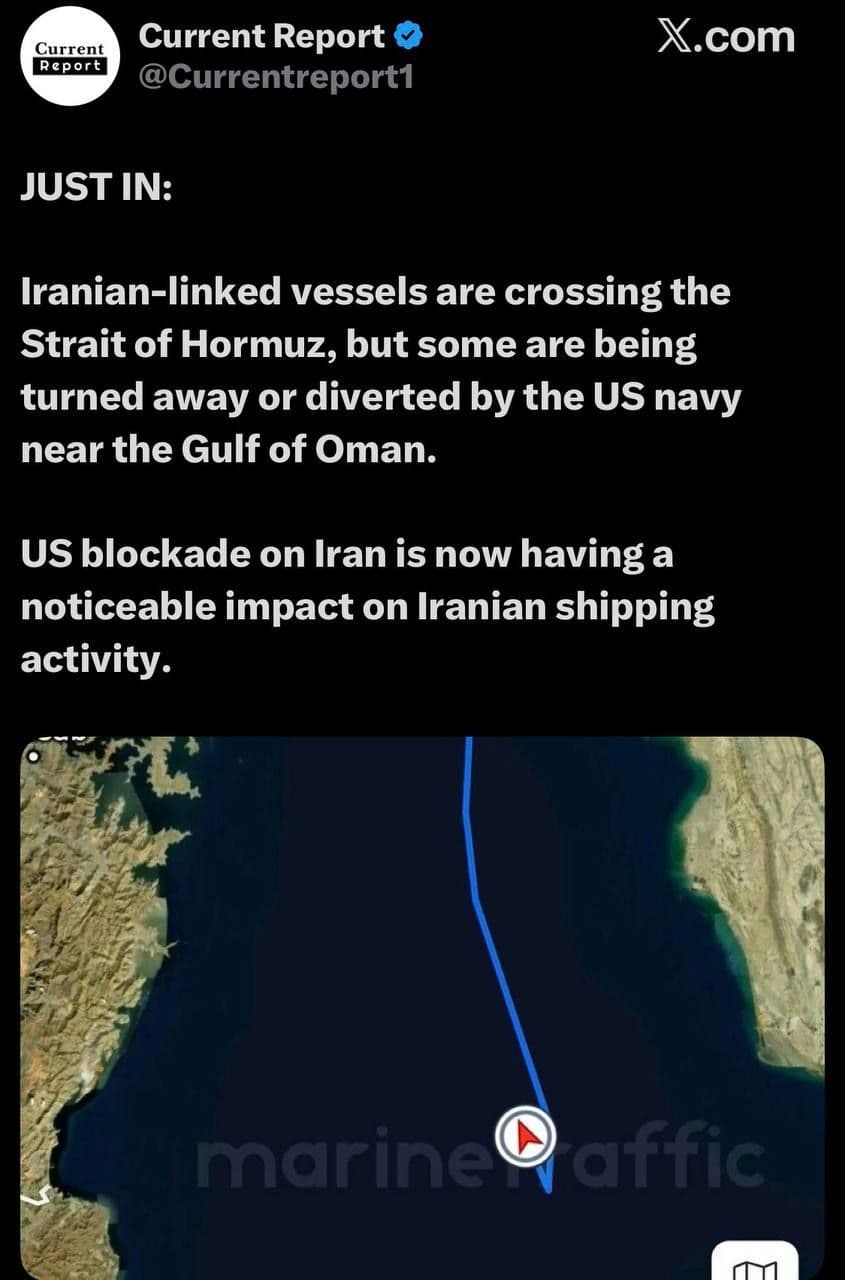 @🇮🇷LiveIranNews🇮🇱: ⚡🇺🇸🦀ادامه اعمال محاصره دریایی و اختلال جدی در تردد کشتیهای مرتبط با رژیم تروریستی جمهوری اسلامی/گزارشها نشان میدهد کشتیهای مرتبط با رژیم تروریستی جمهوری اسلامی در حال عبور از تنگه هرمز هستند، ا