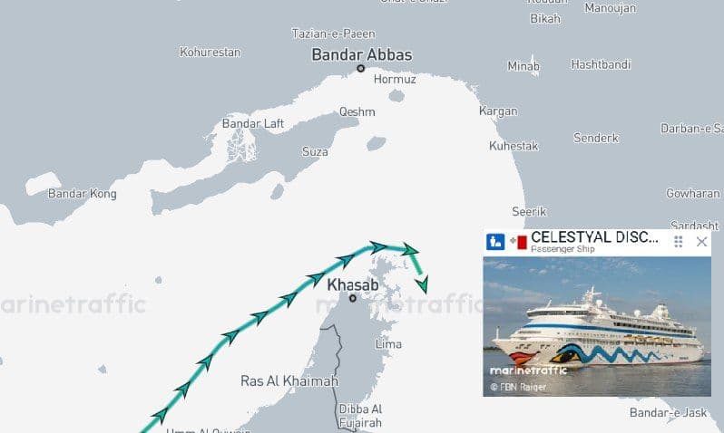 @Open Source Intel: The cruise ship Celestyal Discovery appears to have just successfully run the Strait of Hormuz. - @Osinttechnical