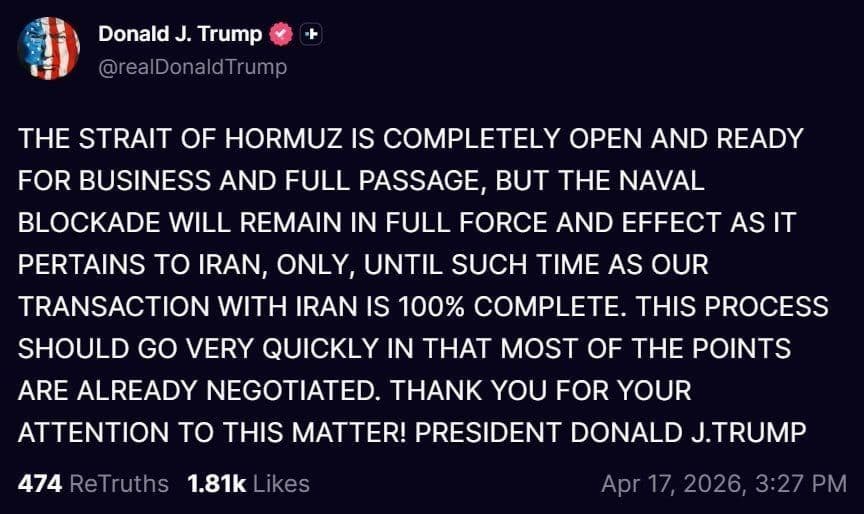 @🇮🇷LiveIranNews🇮🇱: ⚡🇺🇸🦀 President Trump: The Strait of Hormuz is open, but the blockade against the terrorist regime of the Islamic Republic continues/President Trump announced, "The Strait of Hormuz is fully open an