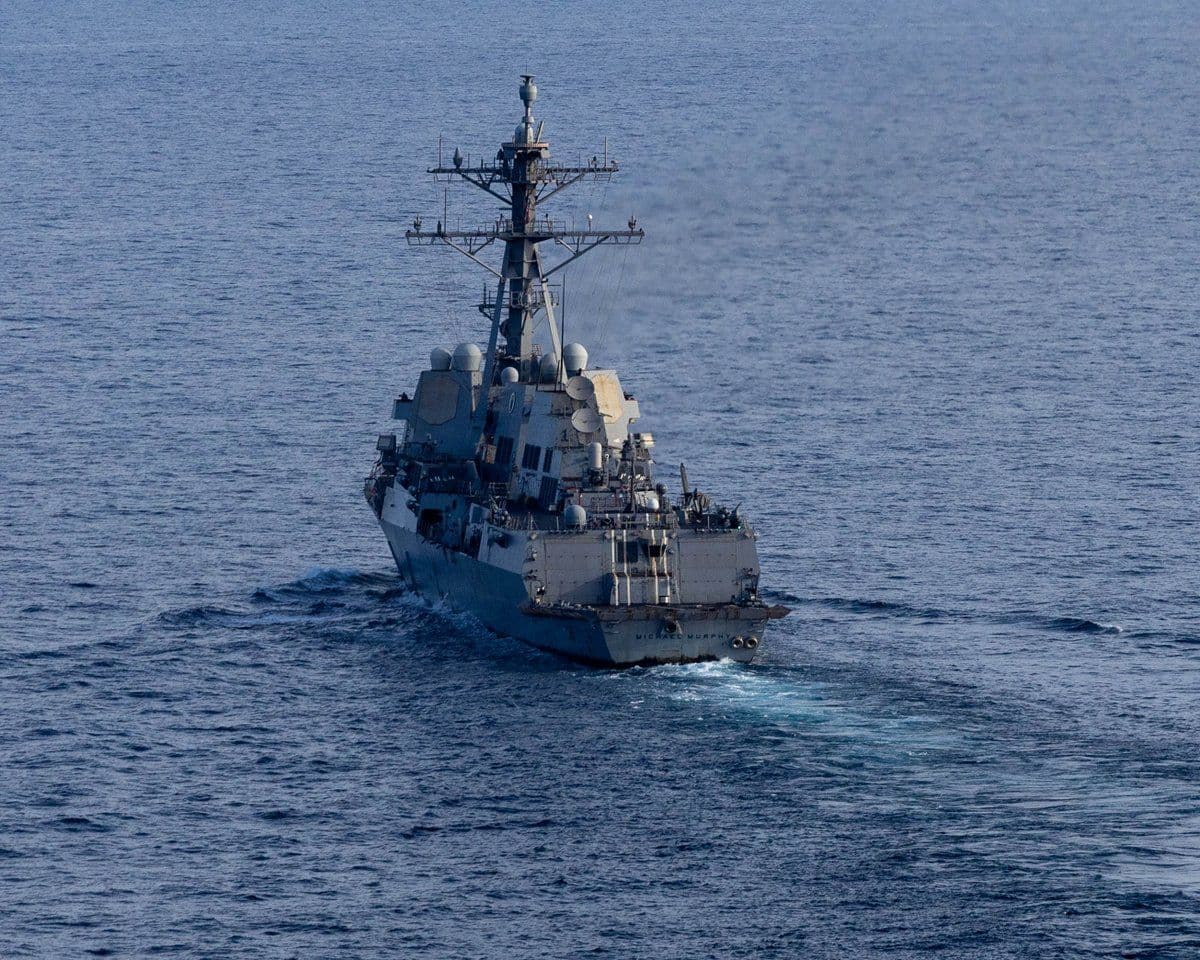 @U.S. Central Command: Guided-missile destroyer USS Michael Murphy (DDG 112) patrols the Arabian Sea, April 17, as U.S. forces enforce the naval blockade on ships attempting to enter or exit Iranian ports. Since commencemen