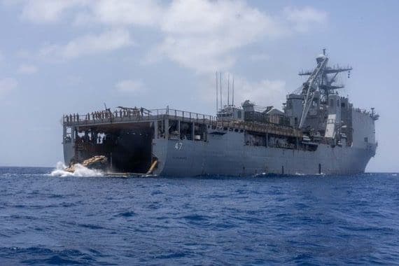 @Open Source Intel: U.S. Central Command (CENTCOM):
"Sailors and Marines aboard dock landing ship USS Rushmore (LSD 47) conduct blockade operations in the Arabian Sea."