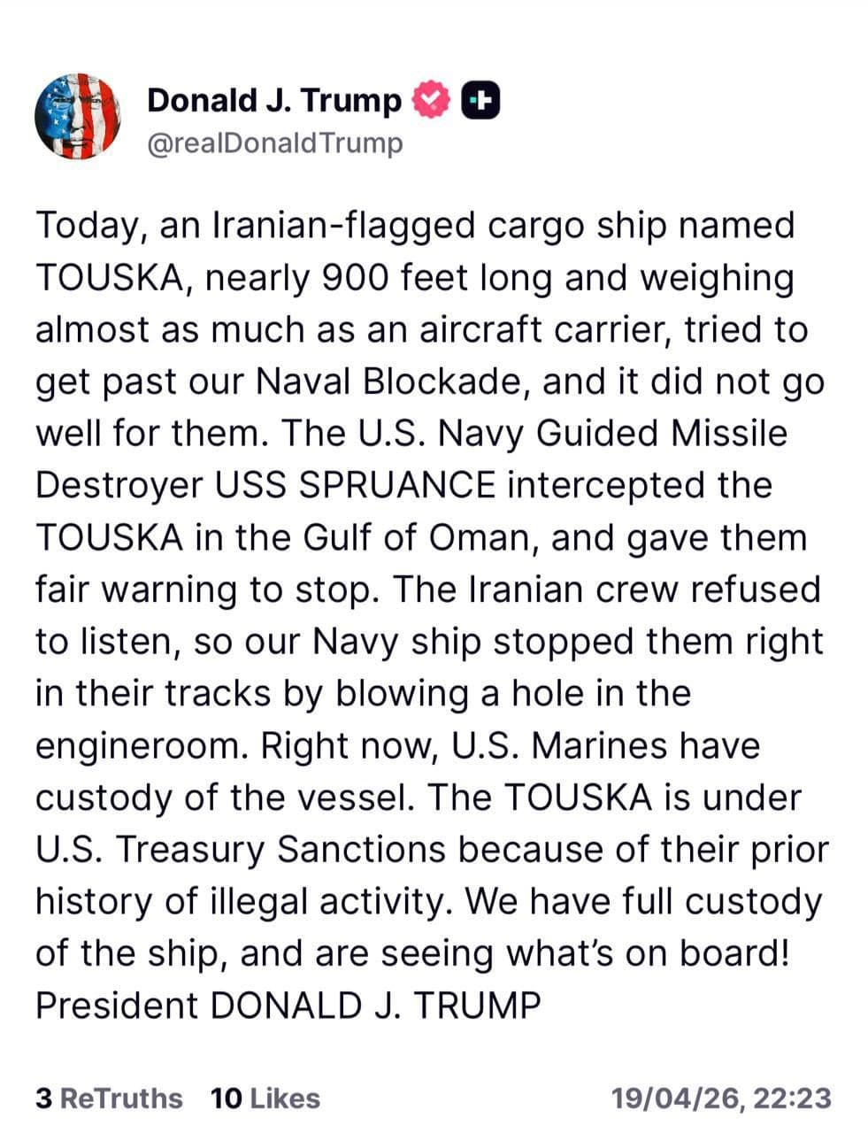 ترامپ: ما یک ناوگان تجاری ایرانی را که سعی در شکستن محدودکننده دریایی داشت، بازداشت کردیم.