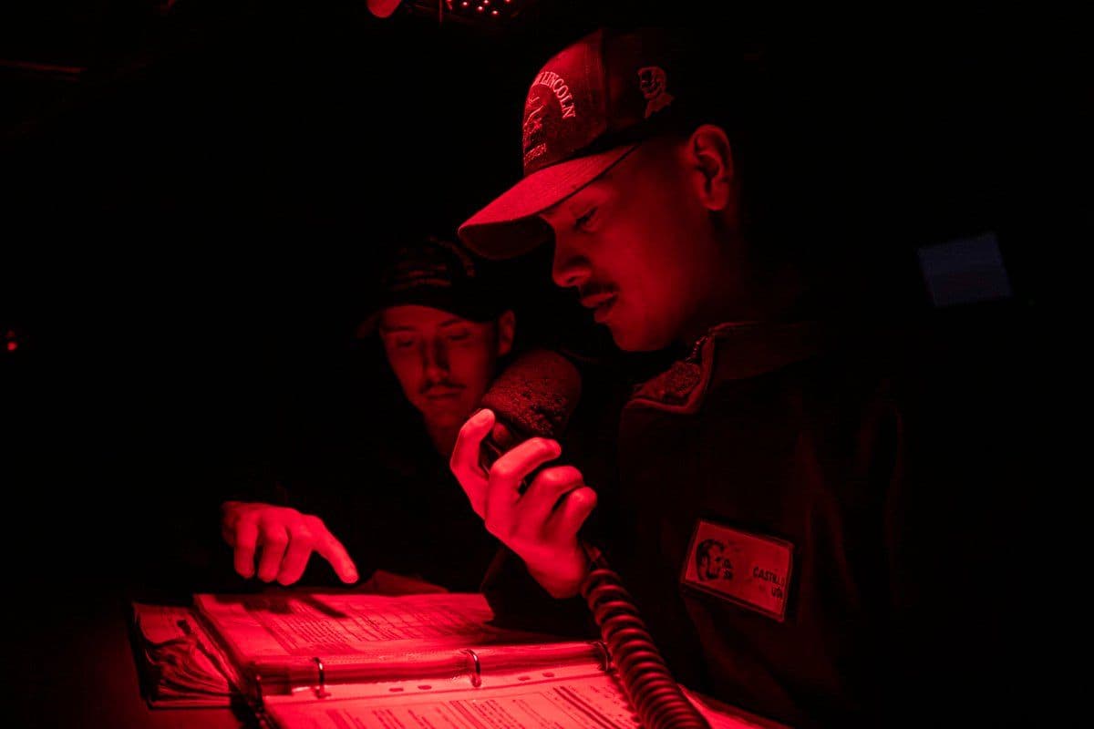 @U.S. Central Command: Sailors aboard USS Abraham Lincoln (CVN 72) stand watch in the Arabian Sea as U.S. forces enforce the blockade of Iranian ports and costal areas.