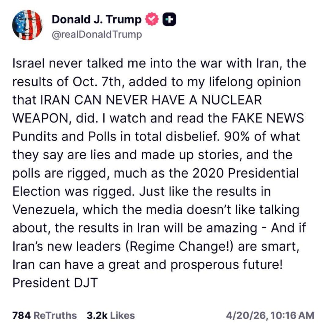 @Visegrád 24: Trump writes that Israel never talked him into the war with Iran.
He says that his lifelong opinion that Iran can never have a nuclear weapon coupled with “the results of October 7th” were behind his