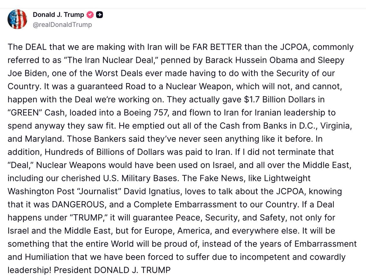 @Open Source Intel: U.S. President Donald Trump earlier today:
"The DEAL that we are making with Iran will be FAR BETTER than the JCPOA, commonly referred to as “The Iran Nuclear Deal,” penned by Barack Hussein Obama an