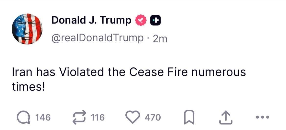 ترامپ همین حالا:
"Iran ترتیب بREAK" (Note: It seems there was an error or cut-off in the original message. The correct translation should continue from "Trump just Now:")
ترامپ همین حالا:
"ایران از تعهد به سکوت چندین بار نقض کرده است."