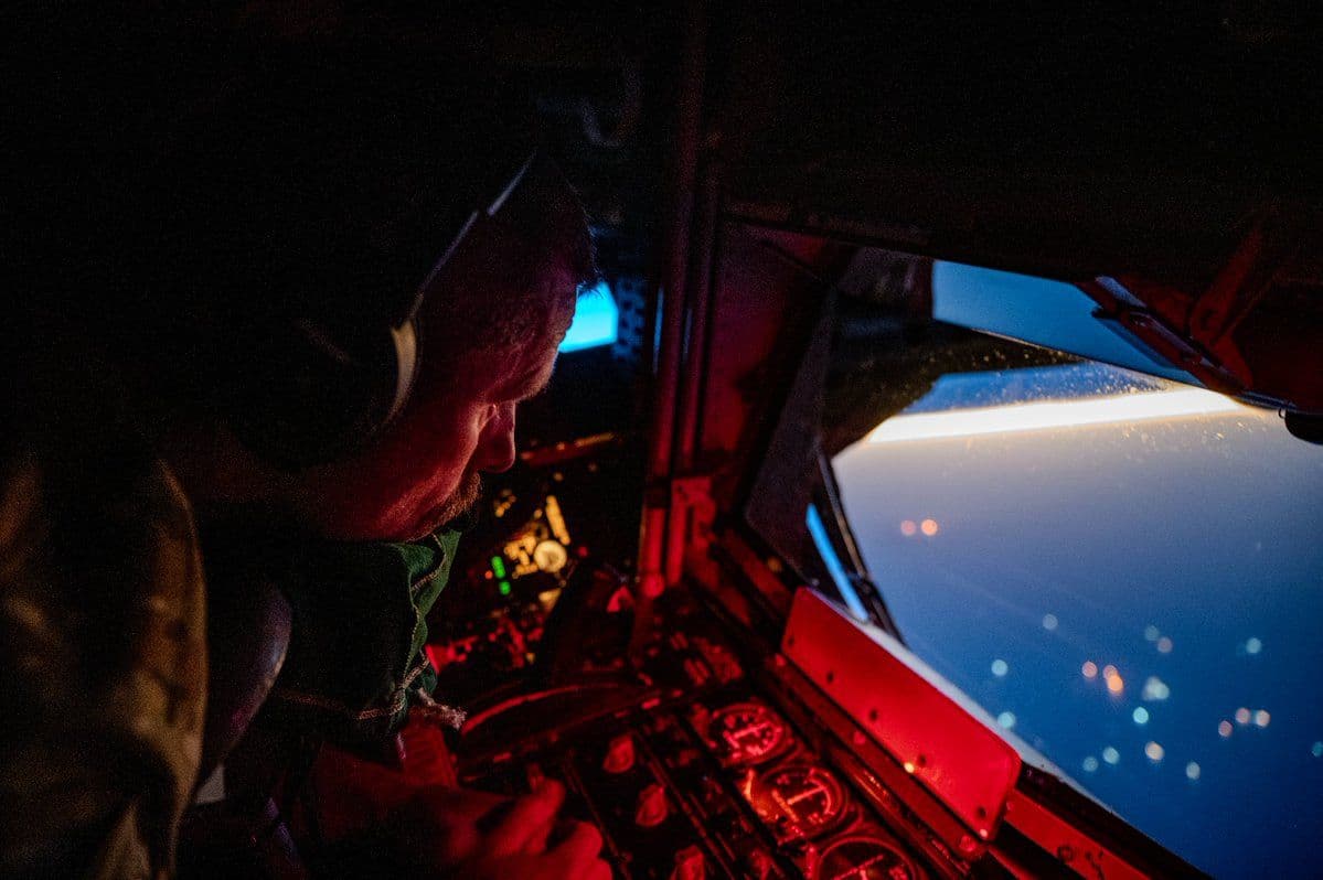 @U.S. Central Command: A U.S. Air Force KC-135 Stratotanker refuels a U.S. Navy P-8 Poseidon during the U.S. blockade against ships entering or exiting Iranian ports. The P-8 can provide surveillance for extended periods, s