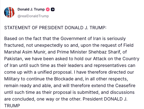 @Shin: President Trump @POTUS:
"STATEMENT OF PRESIDENT DONALD J. TRUMP:
Based on the fact that the Government of Iran is seriously fractured, not unexpectedly so and, upon the request of Field Marshal Asim