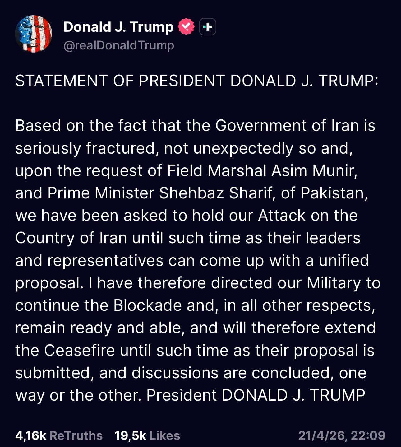 @Visegrád 24: Trump announces the U.S. will continue the naval blockade while extending the ceasefire.
He says that the ceasefire will be extended since the Iranian government is seriously fractured and needs to t