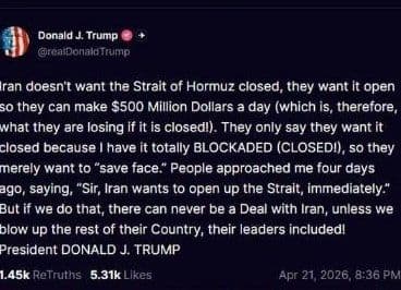 @🇮🇷LiveIranNews🇮🇱: ⚡🇺🇸🦀موضع قاطع پرزیدنت ترامپ؛ توافق فقط با شروط سخت و بدون عقبنشینی در برابر رژیم تروریستی جمهوری اسلامی/پرزیدنت ترامپ تأکید کرد رژیم تروریستی جمهوری اسلامی هیچ تمایلی به بسته شدن تنگه هرمز ندارد و